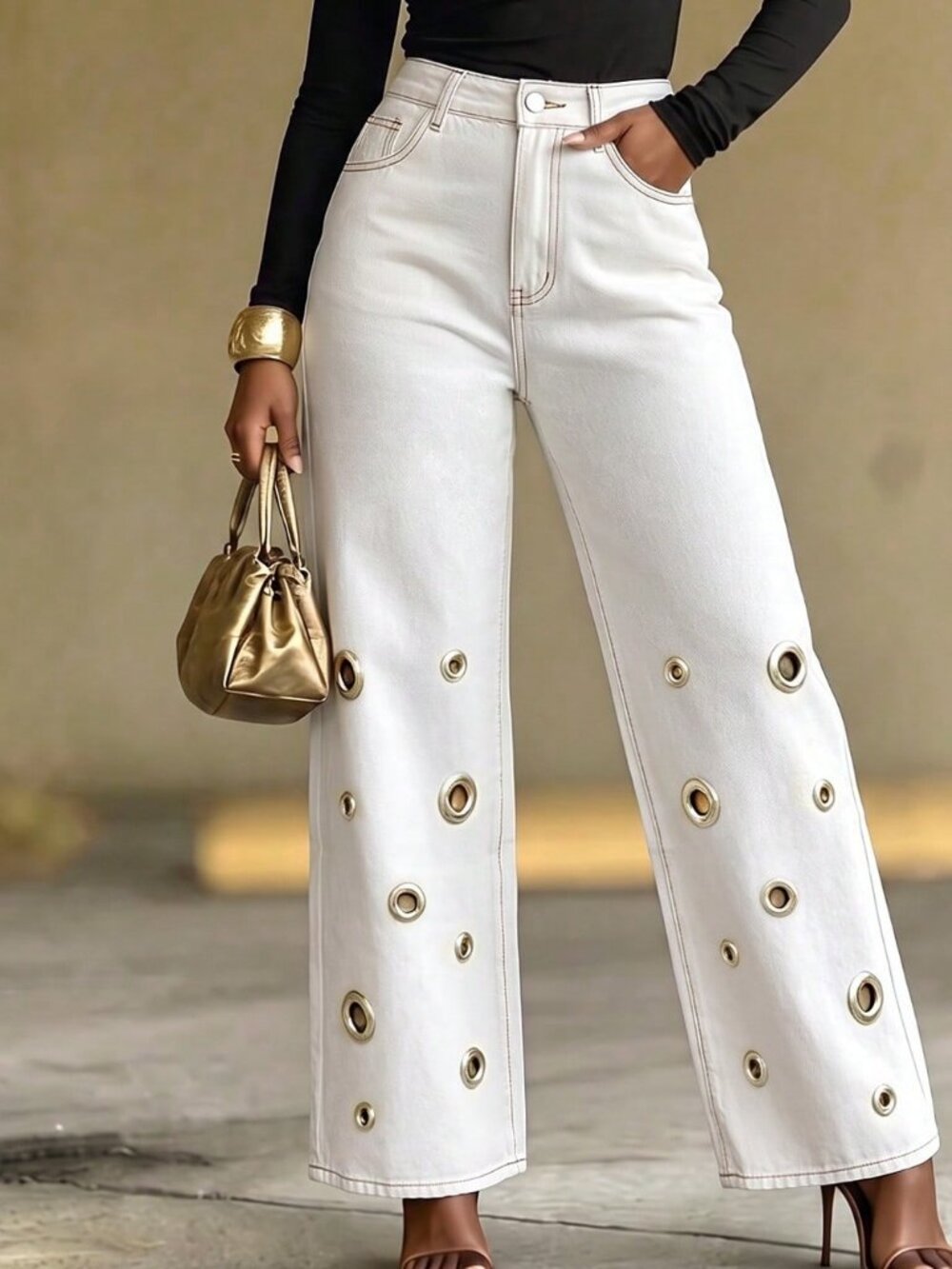 White Casual Women's Grommet-Decorated Straight Leg Jeans